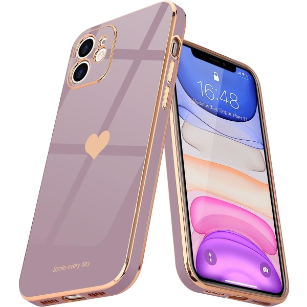 Kompatibel med iPhone 11 Case för flickor Kvinnor Söt Love-Heart Lyx Bling Plätering Mjukt cover Upphöjd kameraskydd, lavendel