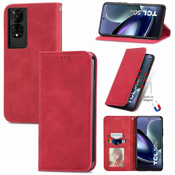 TCL 50 5G -puhelimen suojakotelo, nahkajäljitelmä, korttipidike, magneettikiinnitys - Vihreä Multicolor Red