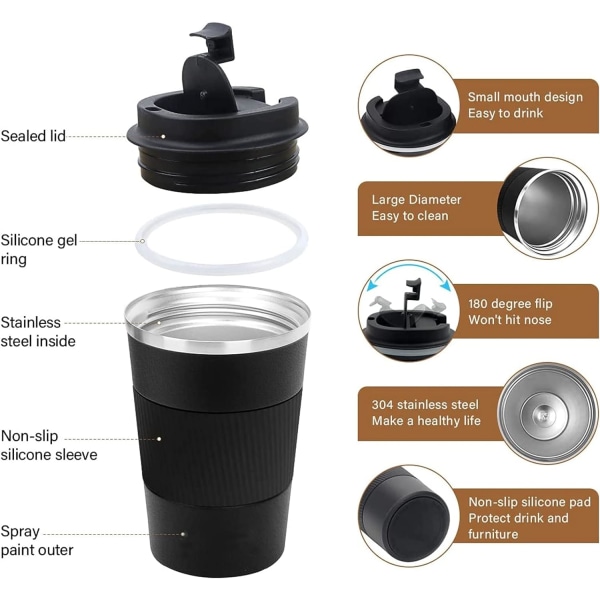 Kaffemugg 12oz - Isolerad kafferesemugg Spillsäker med läckagesäkert lock Vakuum termos kaffetumlare i rostfritt stål