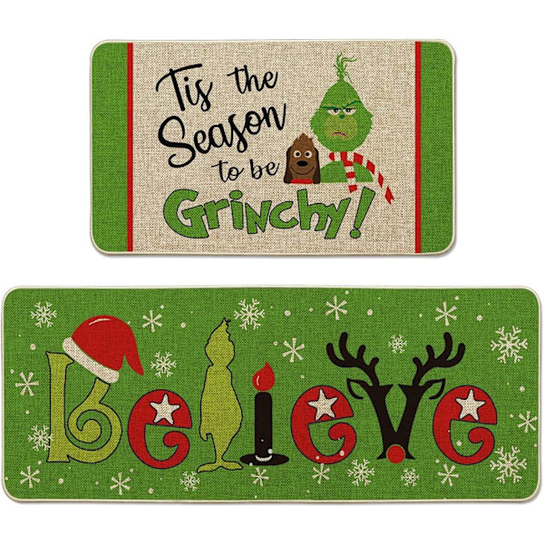Grinch joulukoristeet keittiömatot ja -matot 2 kappaleen sarja, Grinch talviloman juhlan ja kodin sisustus (17x30 ja 17x47 tuumaa)