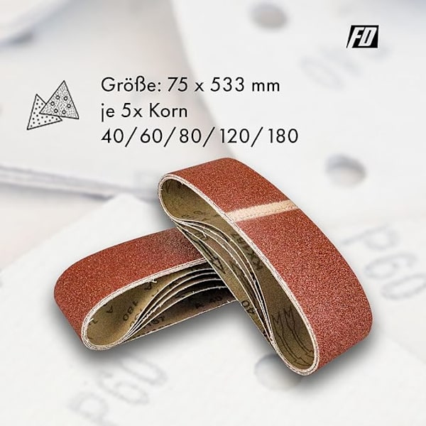 Slibebånd 75 x 533 mm, Blandet Slibebånd (korn 40) til Båndslibere (15 stk.) 40grit size 5pcs