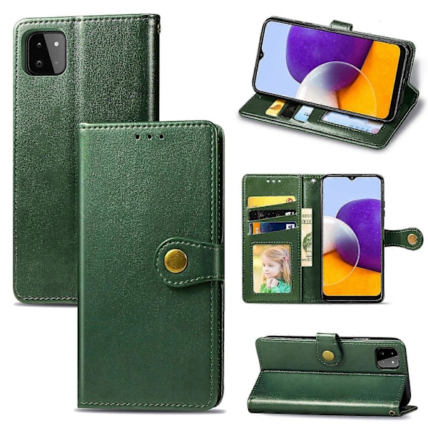 För Samsung Galaxy A22 4G Enfärgat Läderfodral med Spänne, Snodd, Fotoram, Kortfack, Plånbok & Ställfunktion Green