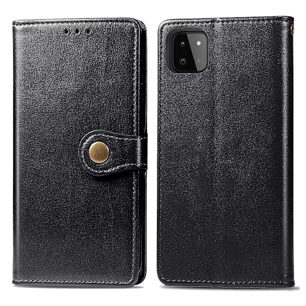 For Samsung Galaxy A22 4G Solid Farge Lær Spenne Telefondeksel med Lanyard & Fotoramme & Kortspor & Lommebok & Stativfunksjon Black