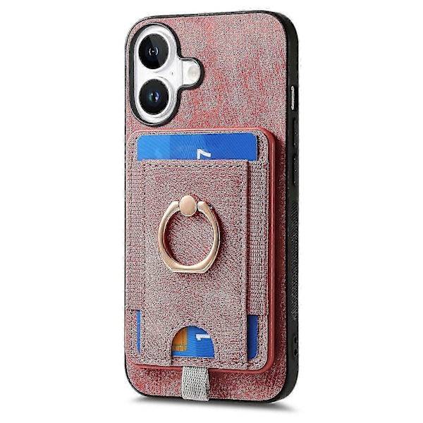 D7 Magnetisk etui til iPhone 16 med kortholder, ring og støtteben i PU-læder - Brun Pink