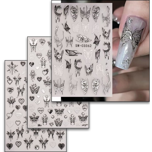 3 st Butterfly Nail Art Stickers Dekaler med självhäftande Silver Butterfly Nail Stickers Butterfly Stickers för naglar