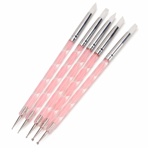 5 st Nail Art Dotting Tools Nail Silikonborste Dubbelt huvud UV Gel Dotting Ritning Måla Penna Lera (Rosa & Klar)