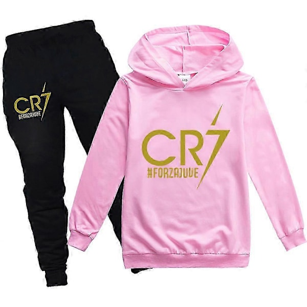 2 st Cristiano Ronaldo Hoodie VM Nr.7 Julklappar Fotbollsstjärna Hoodie och Blå Byxset Flickor Pojkar Hooded Sweatshirt Pullover Toppar Barn T-shirt Pink 13-14years