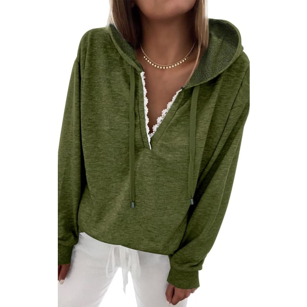 Kvinnors huvtröja V-ringning, långa ärmar, lätt sweatshirt, enfärgad, dragsko, casual, lös tröja