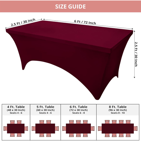 Kök Spandex Bordsduk 2-pack [6FT, Bourgogne] Åtsittande, Tätt, Tvättbar och skrynkelfri Stretch Rektangulär Uteplats Bordsduk