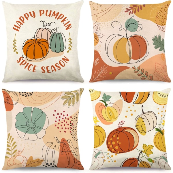 Boho Fall Pumpkin Decorative Throw Pillow Covers 18 x 18 Inch Set of 4,Boho Abstract Pumpkin Maple Leaves Thanksgiving