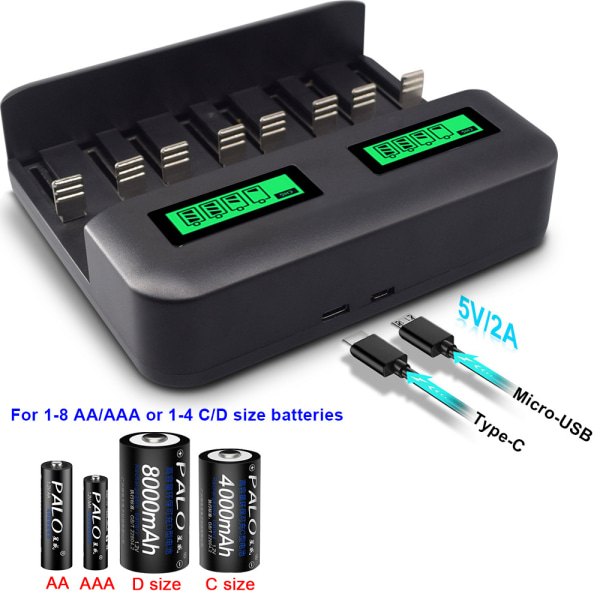 LCD Universal Batterioplader - 8 Bay AA /AAA /C /D Batterioplader til Genopladelige Batterier med 2A USB-port