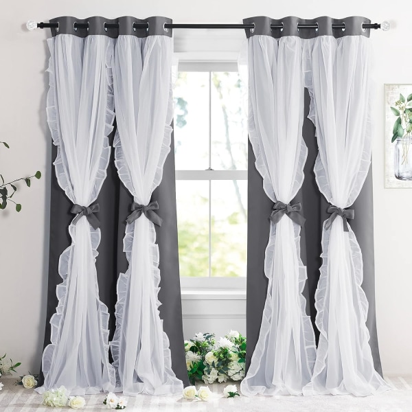 Dekorativa fönsterbehandlingar Dubbla gardiner Plisserade genomskinliga gardiner Rustik stil Design, B 132,88 x L 213,36 cm, Grå, 2 delar