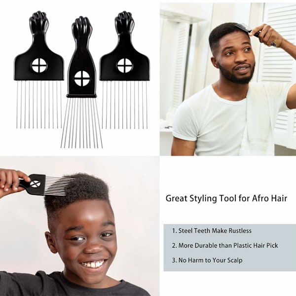 3-pack metallhårplock - Afro-plock, hårplock, metallplockkam, kam för att reda ut perukfläta, hårstylingkam, hårplockkam