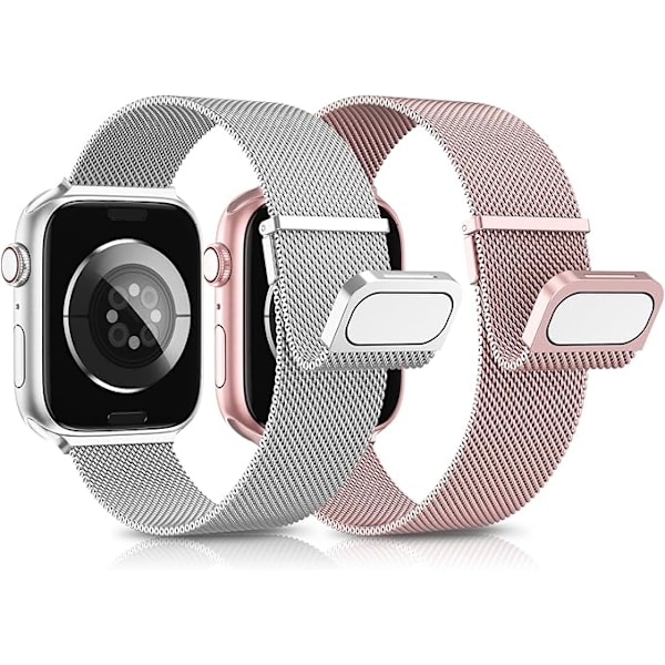 2 Stycken Armband Kompatibla med Apple Watch Armband, Dubbel Magnet Justerbart Rostfritt Stål Metall Kompatibelt med iWatch Armband Se Ultra Serien Silver + Rose Pink 38/40/41mm