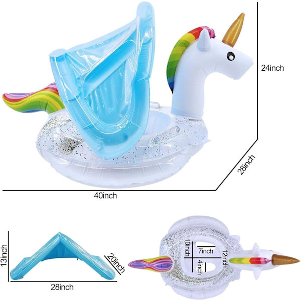 Enhjørning Baby Pool Float med Kaleche, Blinkende Sæde og Sikkerhedsgreb, Sommer 2023 Hot, Oppustelig Baby Float til Børn 1-4 År, Festartikler