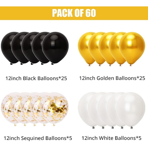 60 stk. sorte, guld og hvide balloner, fødselsdagsdekoration balloner, latex heliumballoner til fødselsdagsbryllup