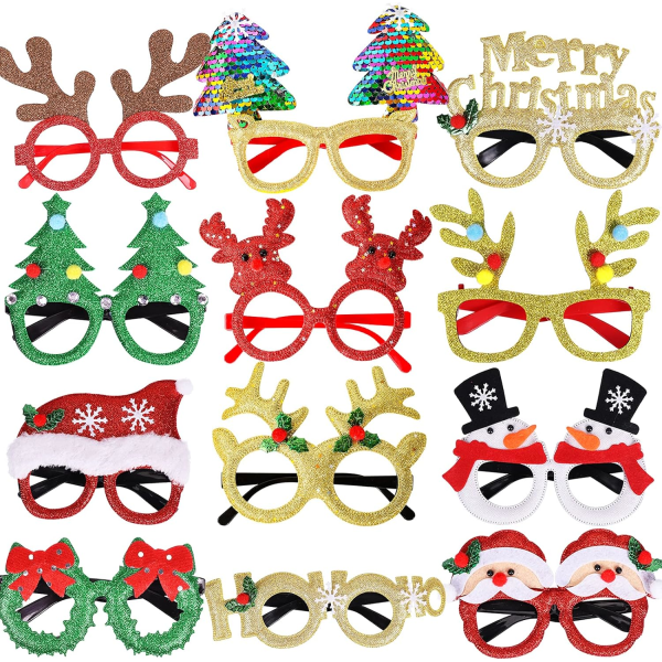 Heyone 12st Julglasögon Glitter Festglasögon Bågar Juldekoration Dräkt Glasögon till jul (En one size passar alla)