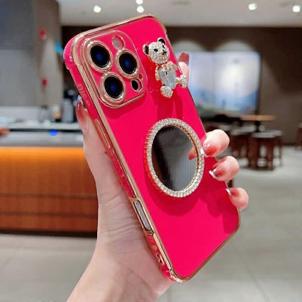 Case for iPhone 16 Pro, Love Heart Pattern, Electroplated TPU Phone Case with Small Bear and Mirror (Rose)