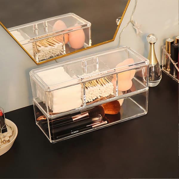 Acrylic Storage Box Bathroom Organizer Large Capacity Multiple Compartments Dustproof Transparent Cotton Pad Swabs Storage Case Jikaix B