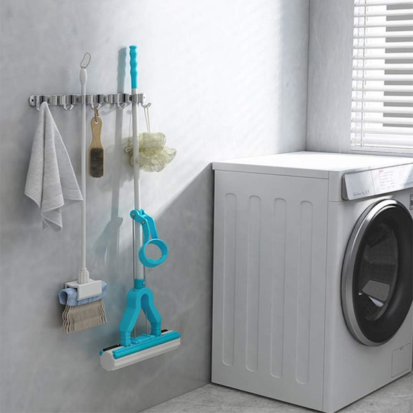 Vægfejeblad - Rustfrit stål fejebladsholder, opbevaringsophængsholder til køkken, garage, vaskerum (4 placeringer og 5 kroge)