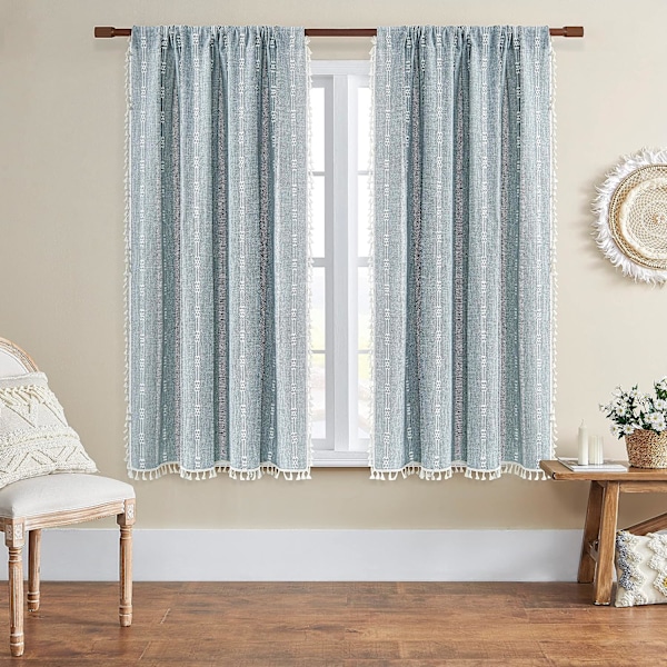 Boheemi-tyyliset makuuhuoneen brodeeratut raidalliset maalaistalon verhot 84 tuumaa pitkät 2 kappaleen setti siniset pellavaverhot ( L 132,08 cm x P 160,02 cm, sininen )