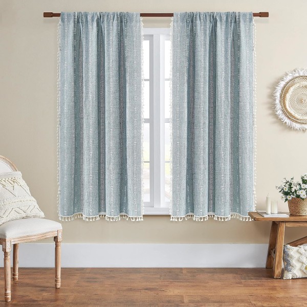 Bohemian Style Soveværelse Broderede Stribede Landlige Gardiner 84 Tommer Lange 2 Stykker Sæt Blå Linned (B 132,08 cm x L 213,36 cm, Blå )