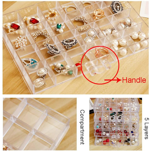 Ørering Opbevaringsboks Organizer, Akryl Smykke Opbevaringsboks Holder 5 Skuffer Transparent Smykke Display Stativ med 120 Små (Klar)