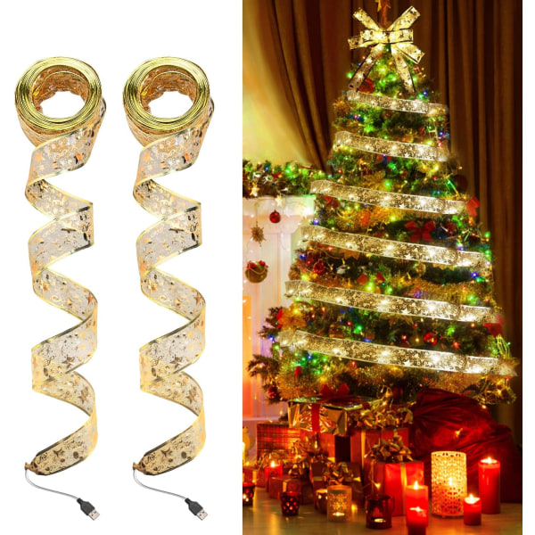 Heyone 2-pack Christmas Tree Ribbon Lights, 32ft 100 LED Christmas Fairy Strings Lights med USB kontakt i dubbellager koppar
