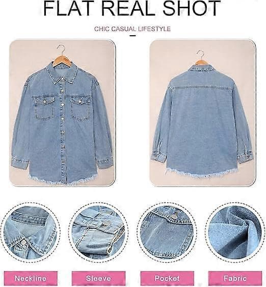 Oversized denimjakke til kvinder Afslappet lang kæreste-denimjakke med slidt look Efterår Forår Himmelblå M