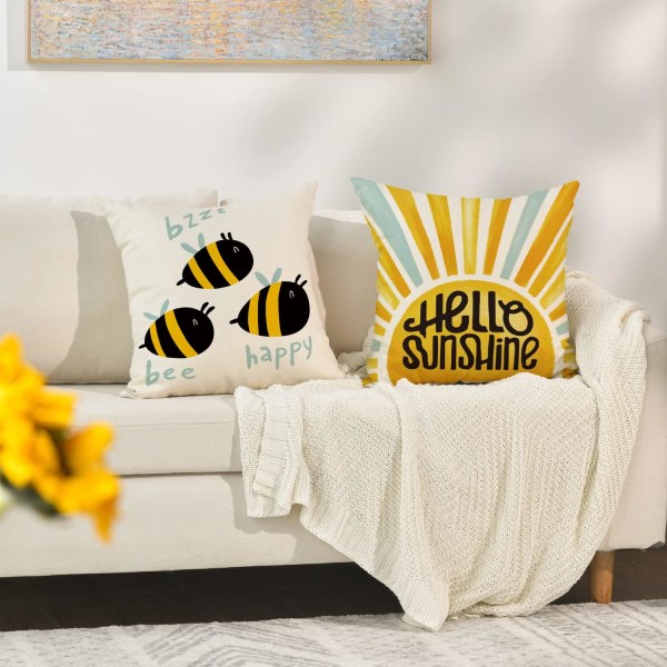 Bee Happy Hello Sunshine Putetrekk, 18 x 18 Tommer Honeycomb Sunshine Sommer Pyntetrekk for Sofa Sofa Sett med 4