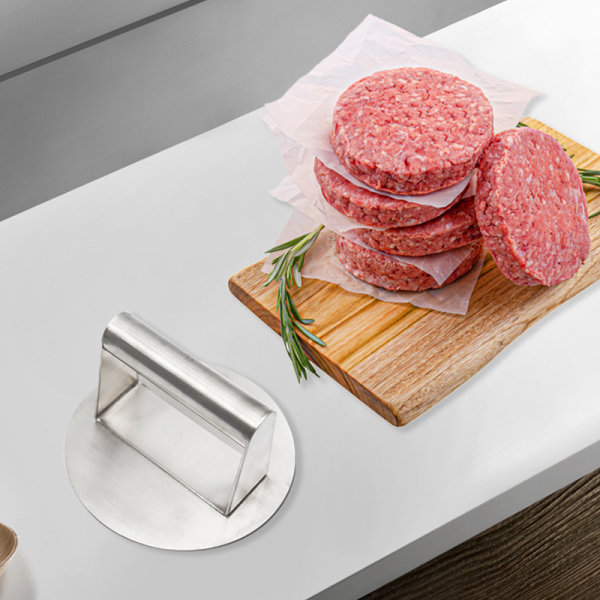 Burgerpress i rostfritt stål, rund hamburgare, tillbehörssats för professionella stekhällar, perfekt grillpress