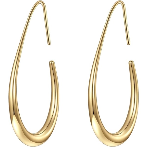 Lätta Teardrop Hoop-örhängen för kvinnor - 14k guld/vitguldpläterade stora ovala pull-through-bågeörhängen Högpolerade smycken