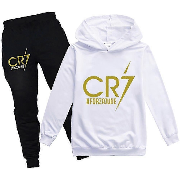 2 STK Cristiano Ronaldo Hættetrøje VM Nr. 7 Julegaver Fodboldstjerne Hættetrøje og Blå Buksesæt Piger Drenge Hættetrøje Sweatshirt Pullover Toppe Børn T-shirt White 7-8years