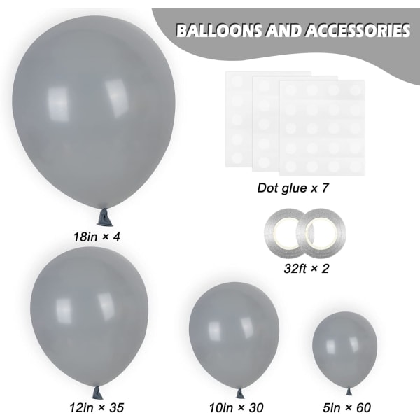 129st Grå Ballonger Latexballonger Olika storlekar 18 12 10 5 Inches Matt Grå Party Ballong Kit för födelsedagsfest examen