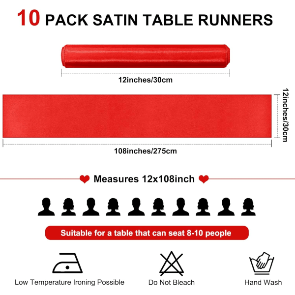 10 kappaleen pakkaus silkkiä satiinipöytäjuoksijoita häihin, vuosipäivään, bankettiin, punainen, 12\" x 108\" pitkä