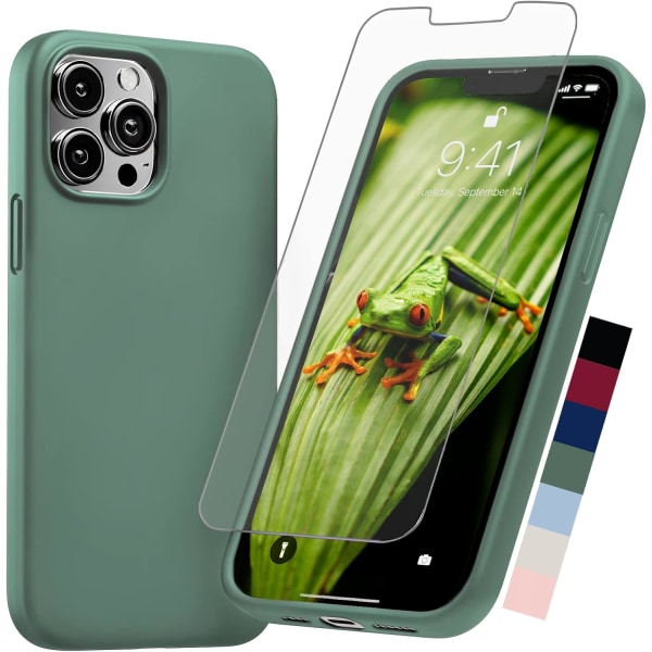Kompatibel med iPhone 13 Pro Max Case Silikon med skärmskydd [6ft Drop Tested] Smalt skyddande cover med mikrofiber - grön