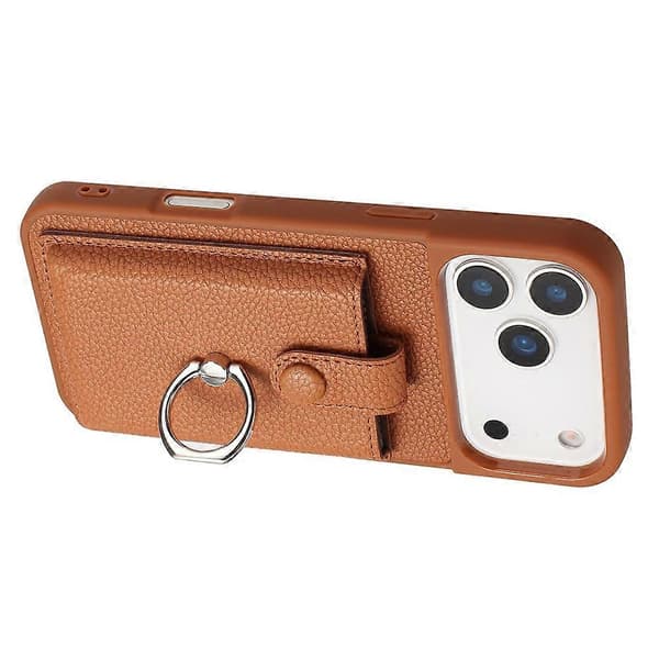 Kompatibelt etui til iPhone 17 Pro Max med ringstativ, harmonikakortlomme og læderbagside (Brun)
