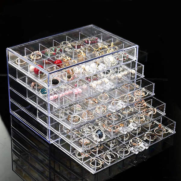 Ørering Opbevaringsboks Organizer, Akryl Smykke Opbevaringsboks Holder 5 Skuffer Transparent Smykke Display Stativ med 120 Små (Klar)