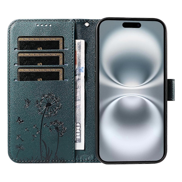 Lærveske med lommebok til iPhone 16, telefondeksel med løvetannmotiv - Grønn Multicolor Blue