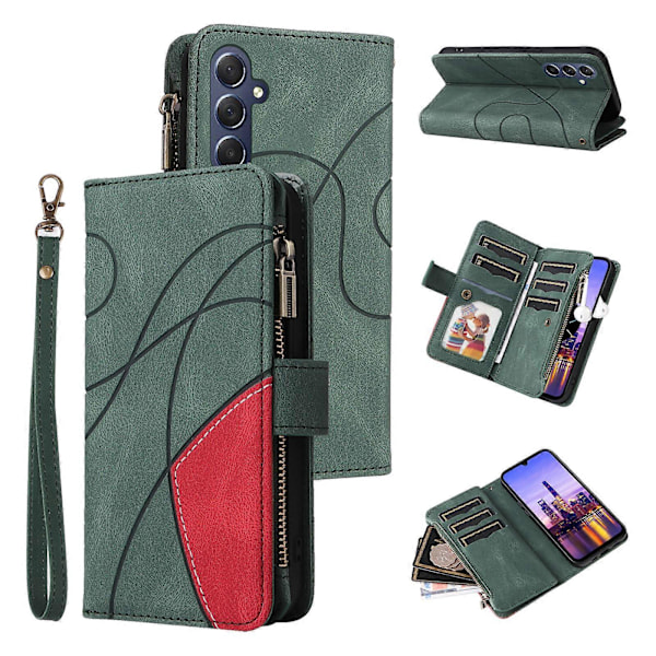 Multifunksjonelt etui til Samsung Galaxy A16 med glidelås, lommebok, skinndeksel og stativ Green