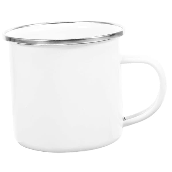 Emaljerad campingmugg vit med silverkant, chipresistent kaffekopp för vandring, resor och utomhusbruk