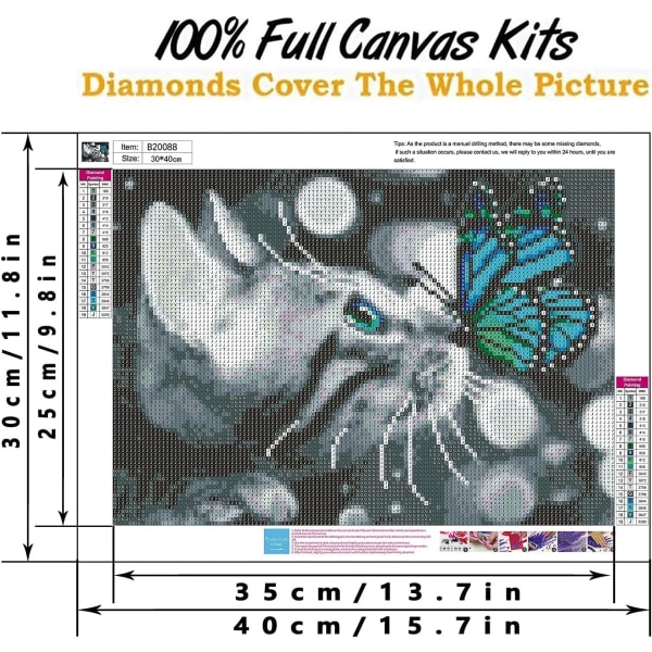 Diamantmaleri Kits til voksne Begynder Fuld Drill Kat 5D DIY Diamantkunst Kit Sommerfugl Maleri med Runde Diamant Gem (12x16 Tommer)