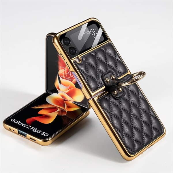 för Z Flip3 5g 2023 med Ringhållarplätering Lyxigt cover Kompatibel med Samsung Galaxy Z Flip 3 5G Case Inbyggt (svart)