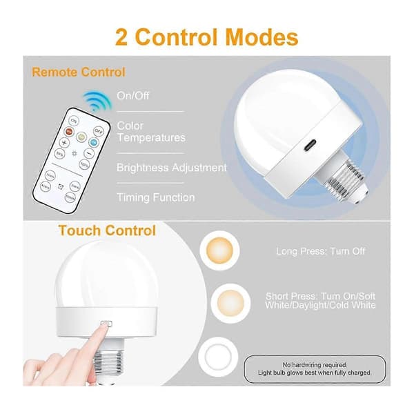 Rechargeable Battery Powered Light Bulbs, 300LM E26 Screw Bulb Compatible with Lamps with Remote Control Dimmable &