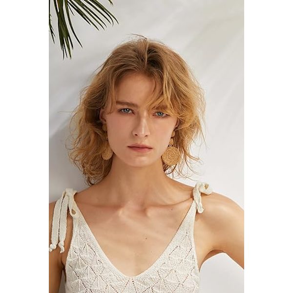 Boho Raffia Kugle Øreringe til Kvinder, Statement Raffia Runde Drop Øreringe - Sommer Strand Ferie Smykker