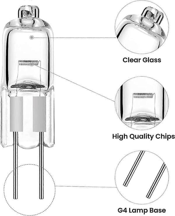 Förpackning med 10 halogenlampor G4 10W 12V Techgomade halogenstiftlampa, varmvit 3000K