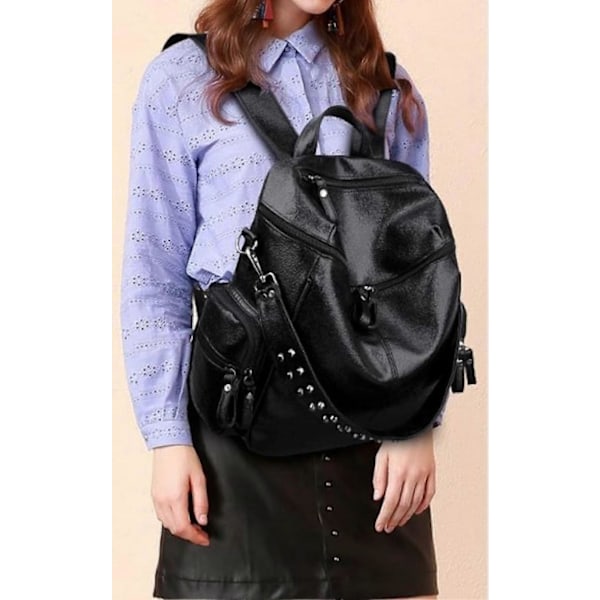 Damryggsäck Väska PU Läder Anti-Stöld Handväskor Casual Axelväska Dammode Nitar Design Satchel Väskor Svart