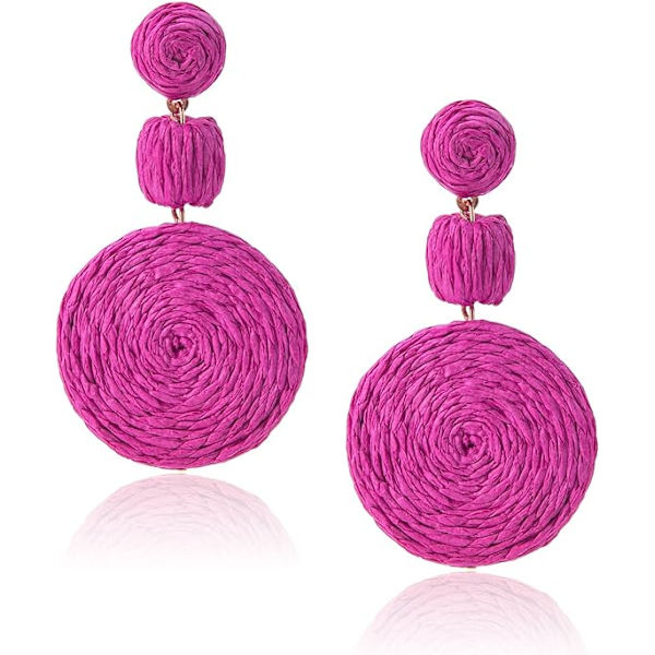 Boho Raffia Ball Örhängen för Kvinnor, Statement Raffia Runda Drop Örhängen - Sommar Strand Semester Smycken