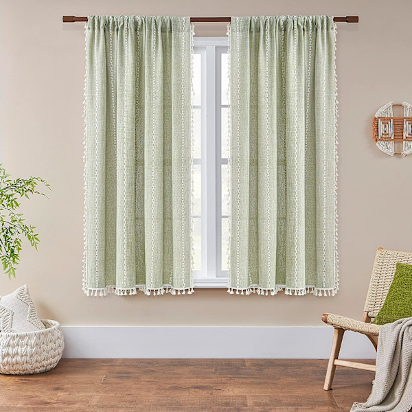 Bohemiska gardiner broderade randiga linnegardiner 84 tum långa 2 delar sovrum ( B 132,08 cm x L 160,02 cm, grågrön)