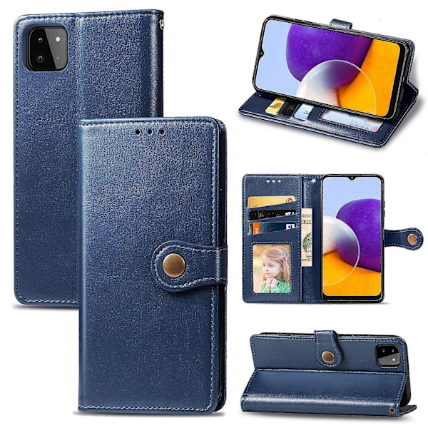 For Samsung Galaxy A22 4G Solid Farge Lær Spenne Telefondeksel med Lanyard & Fotoramme & Kortspor & Lommebok & Stativfunksjon Blue